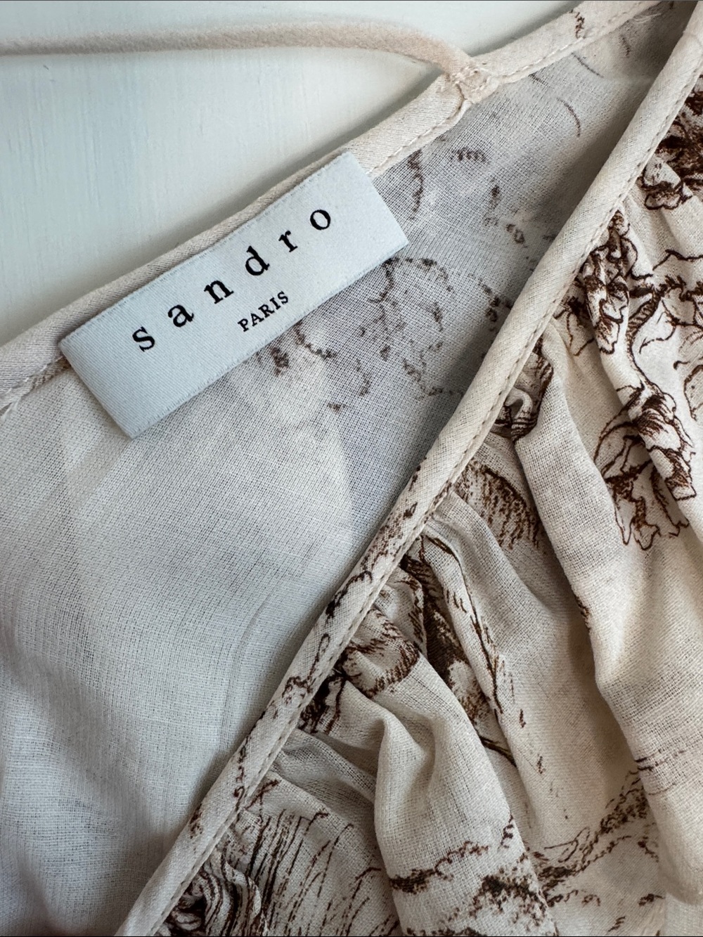 Sandro Paris | Toile Print Ruffle Midi Dress | Ecru Brown | FR 36 US Small |NWT - Picture 5 of 10